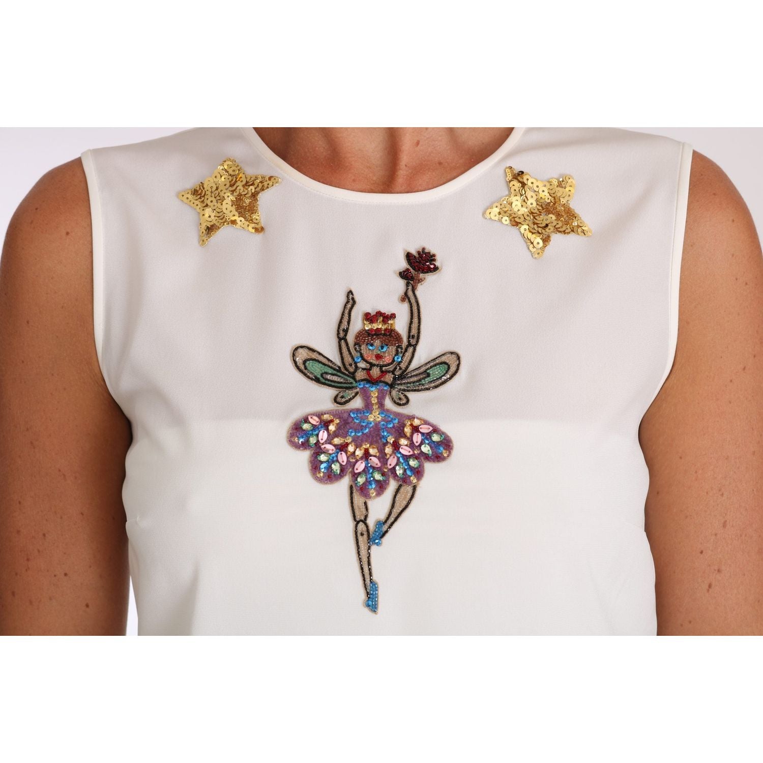 Dolce & Gabbana White Silk Embellished Crystal Sequin Fairy Top
