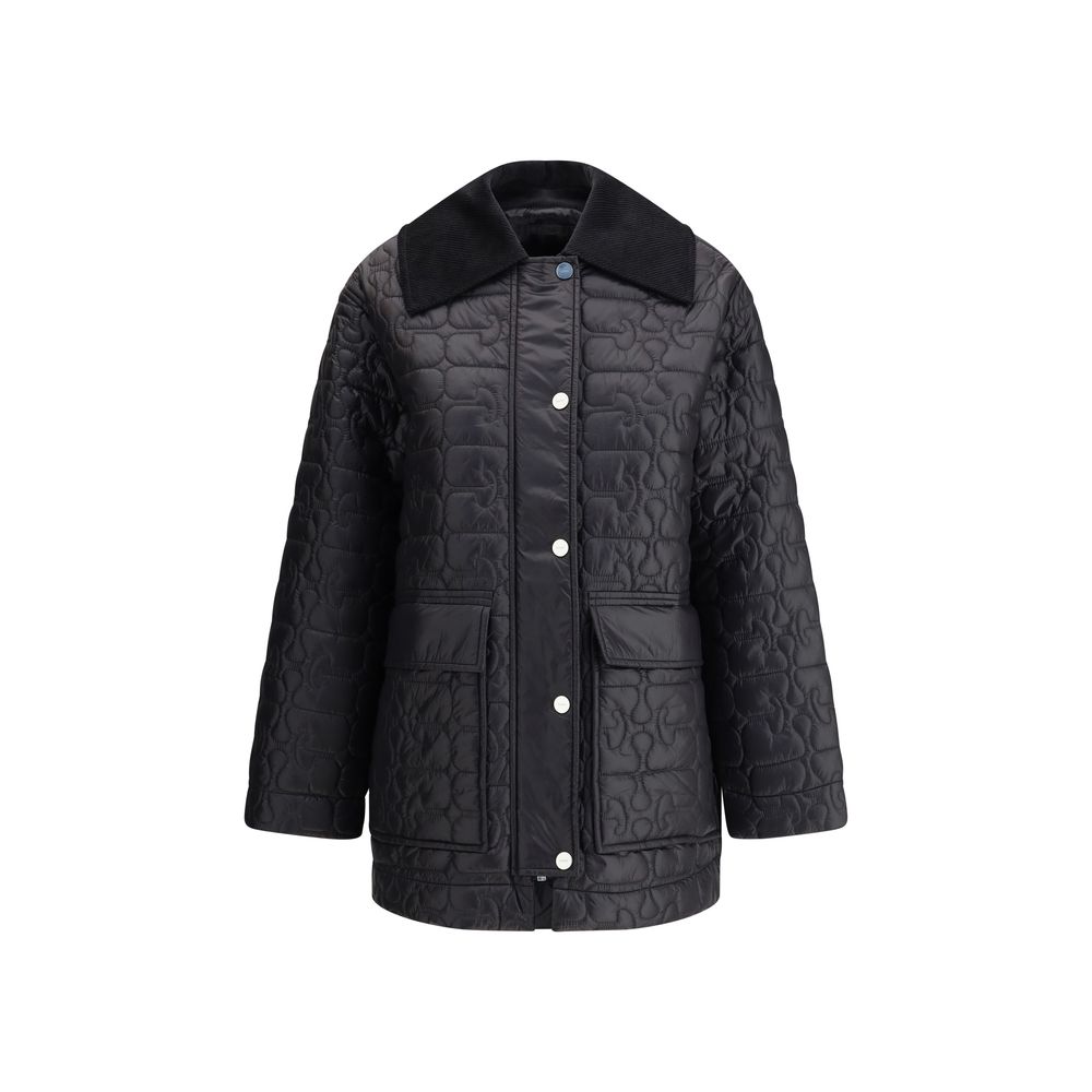 Ganni Gray Nylon Coat with quilted design, wide corduroy collar, zip and snap closure, two patch pockets, perfect for cold weather elegance.