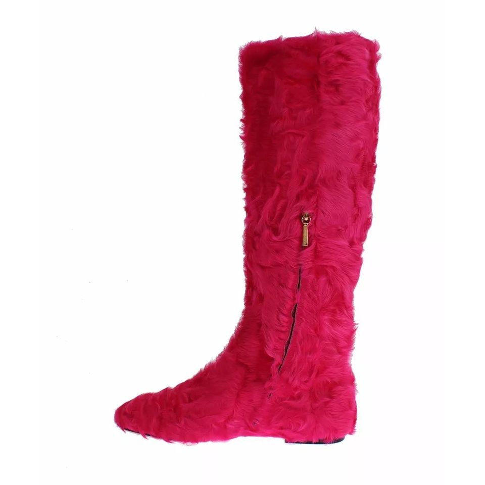 Dolce & Gabbana Pink Lamb Fur Leather Flat Boots Shoes