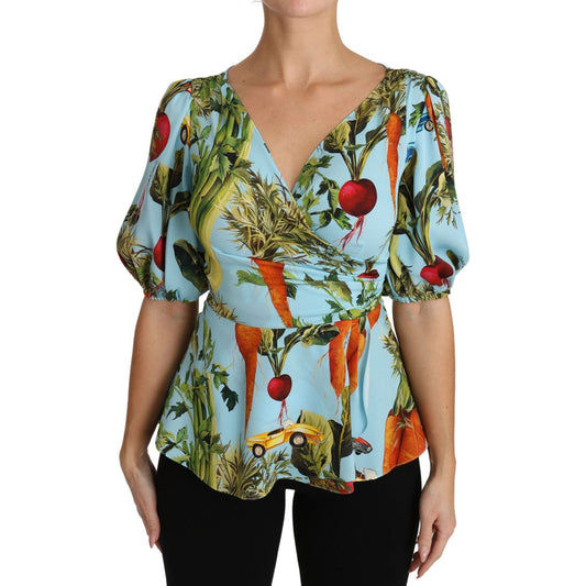 Dolce & Gabbana Multicolor Vegetable Print Silk Top Peplum Wrap Blouse TSH3126-36