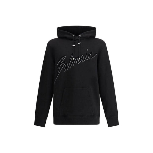 Balmain Logo Cotton Hoodie with adjustable drawstring hood, pouch pocket, and ribbed hems, featuring iconic logo for stylish streetwear.