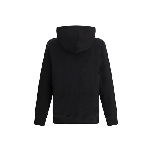 Back view of Balmain black cotton hoodie with adjustable hood and ribbed cuffs.