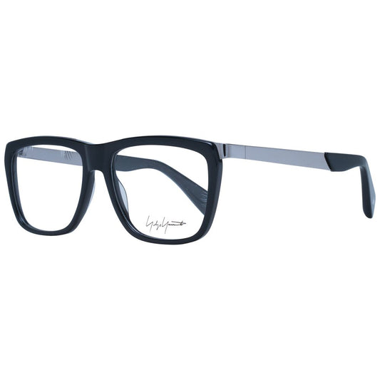 Yohji Yamamoto Black Men Glasses Frame, square acetate, full-rim design with demo lenses, sized 55-16-140, includes branded soft case.