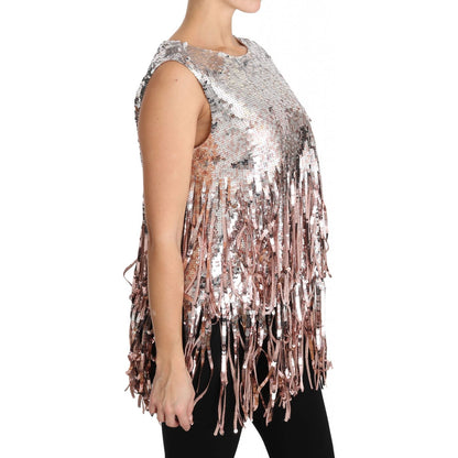 Dolce & Gabbana Golden Pink Sequined Fringe Tank Top