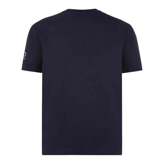Dark blue crew-neck cotton T-shirt with elastic sleeves and logo on left sleeve.