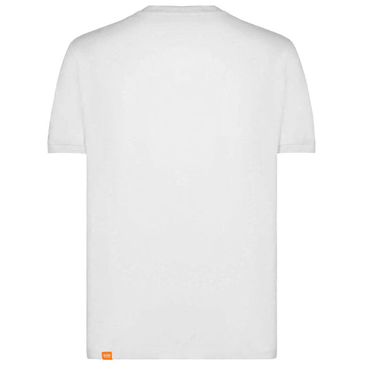 Back view of Suns white cotton T-shirt with crew neck and elasticated sleeves, featuring logo on the left sleeve.