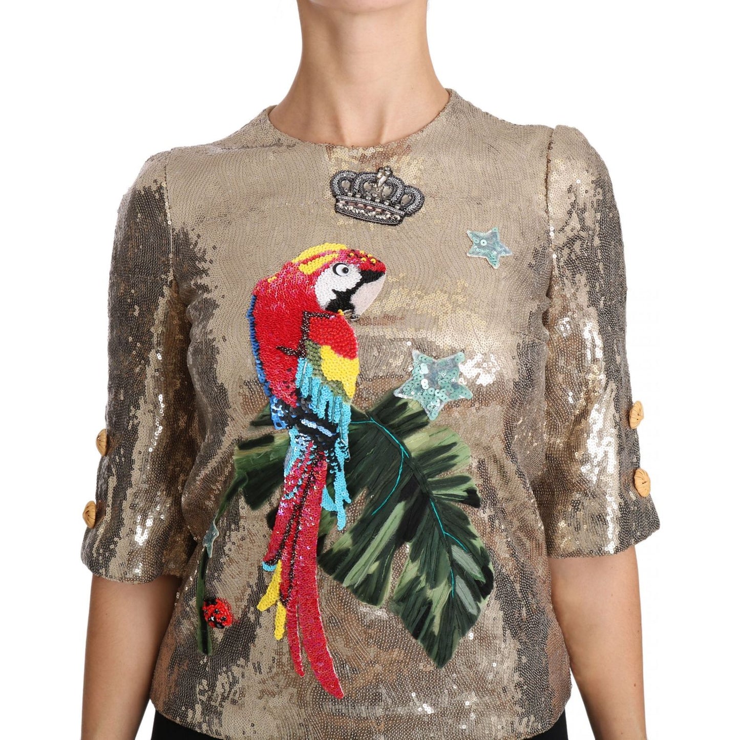 Dolce & Gabbana Gold Sequined Parrot Crystal Blouse