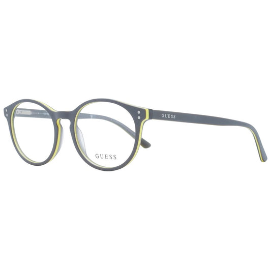 Guess Gray Unisex Glasses Frame with round full-rim plastic design and branded case included.