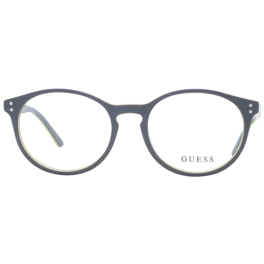 Alt Tag: Guess Gray Unisex Glasses Frame, full-rim round plastic design, spring hinge, branded case included, size 49-17-140.