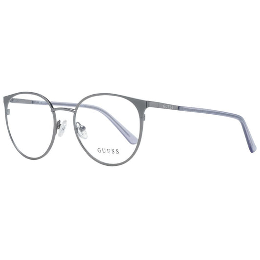 Guess Gray Women Glasses Frame, round full-rim metal design with demo plastic lenses, grey color, size 50-18-140, branded case included.