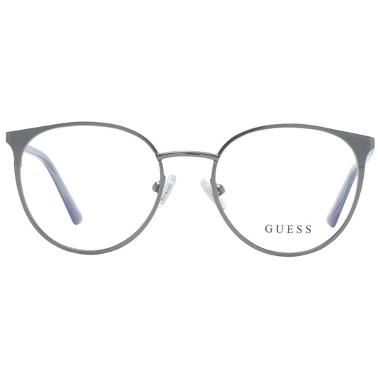 Guess Gray Women Glasses Frame with grey metal full-rim and demo lenses, featuring round style and spring hinge.