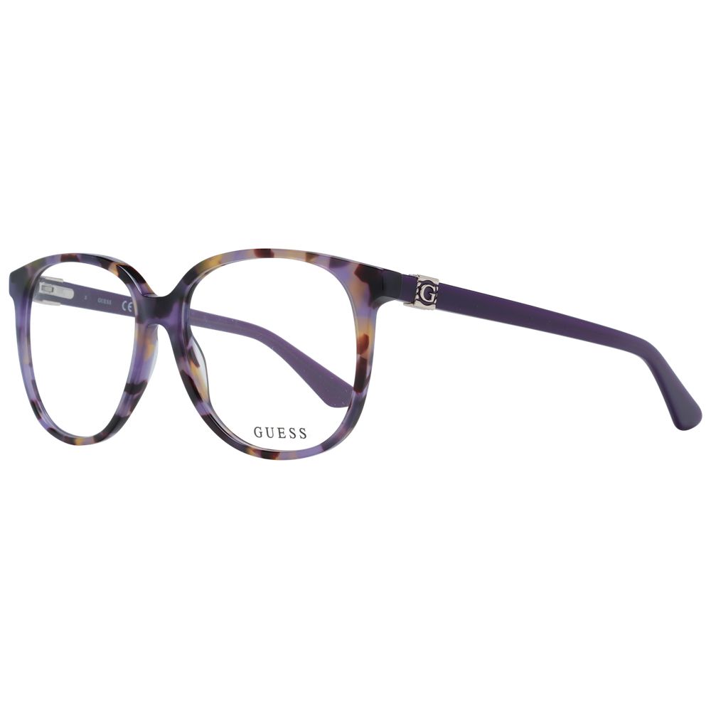 Guess Purple Women Glasses Frame, full-rim butterfly style with plastic frame, demo lenses, featuring spring hinges and branded case included.