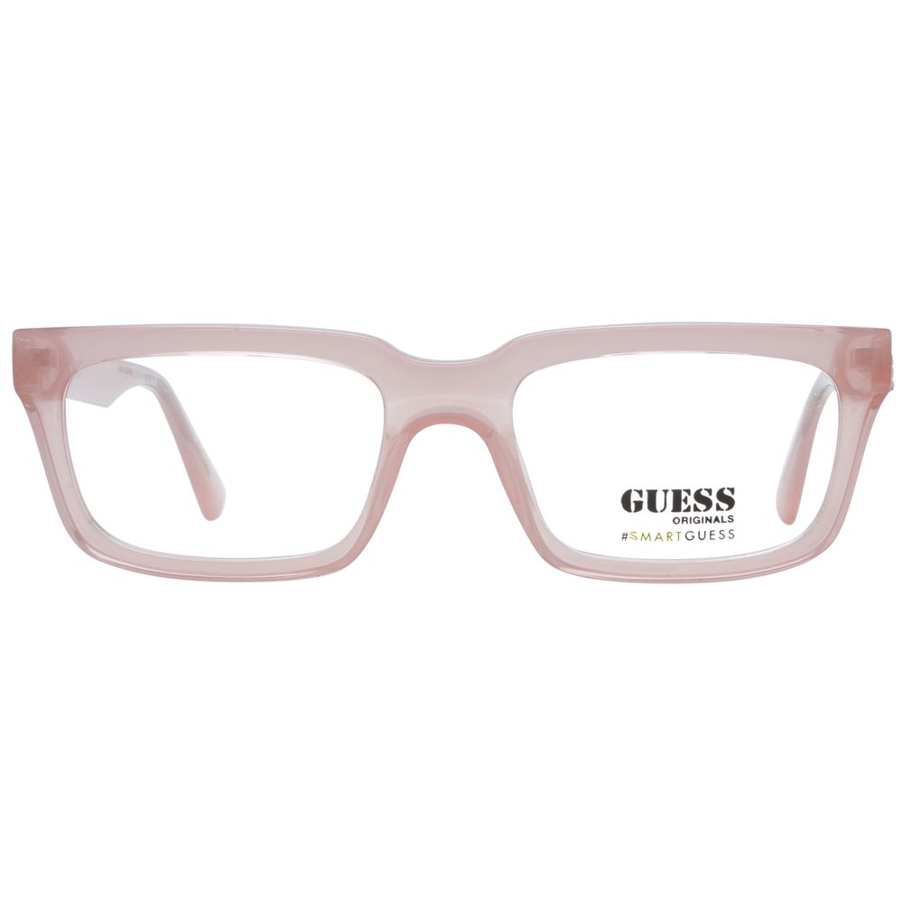 Alt Tag: Guess Pink Women Glasses Frame, rose plastic full-rim rectangle style with branded case, lenses width 53mm, temples length 145mm.