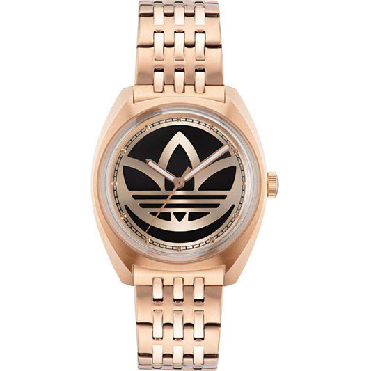 Adidas multicolor stainless steel watch with pink case, black dial, pink bracelet, quartz movement, and butterfly closure.