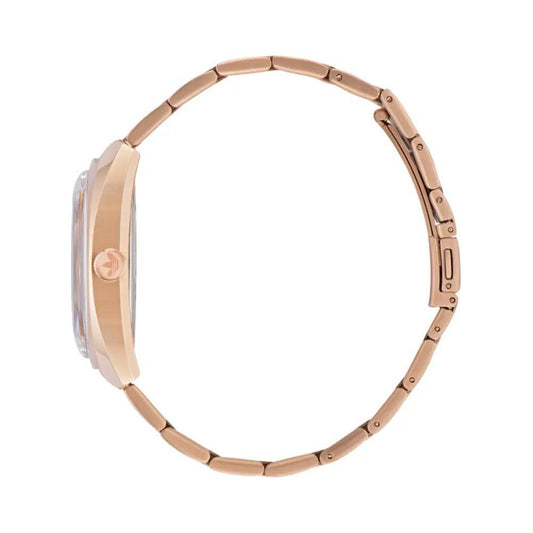 Side view of Adidas Multicolor stainless steel watch with pink bracelet and butterfly closure, featuring quartz mechanism.