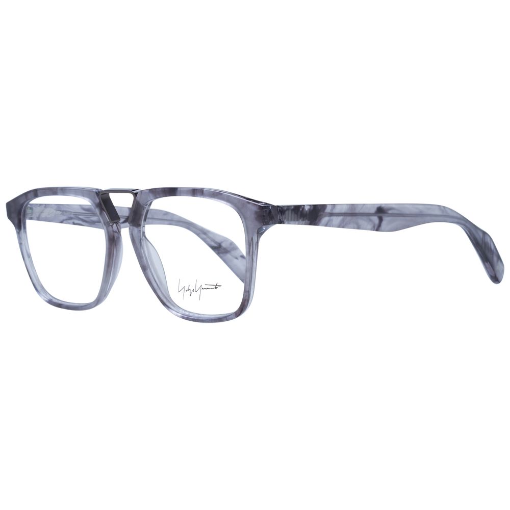 Yohji Yamamoto Gray Men Glasses Frame, square style with gray full-rim, metal and plastic design, size 53-17-148, includes branded soft case.