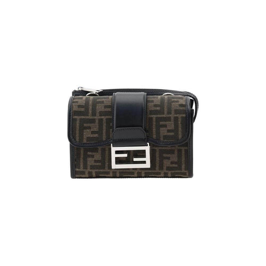 Fendi Double Baguette Shoulder Bag with FF logo, featuring magnetic flap and adjustable strap, in brown and black design.