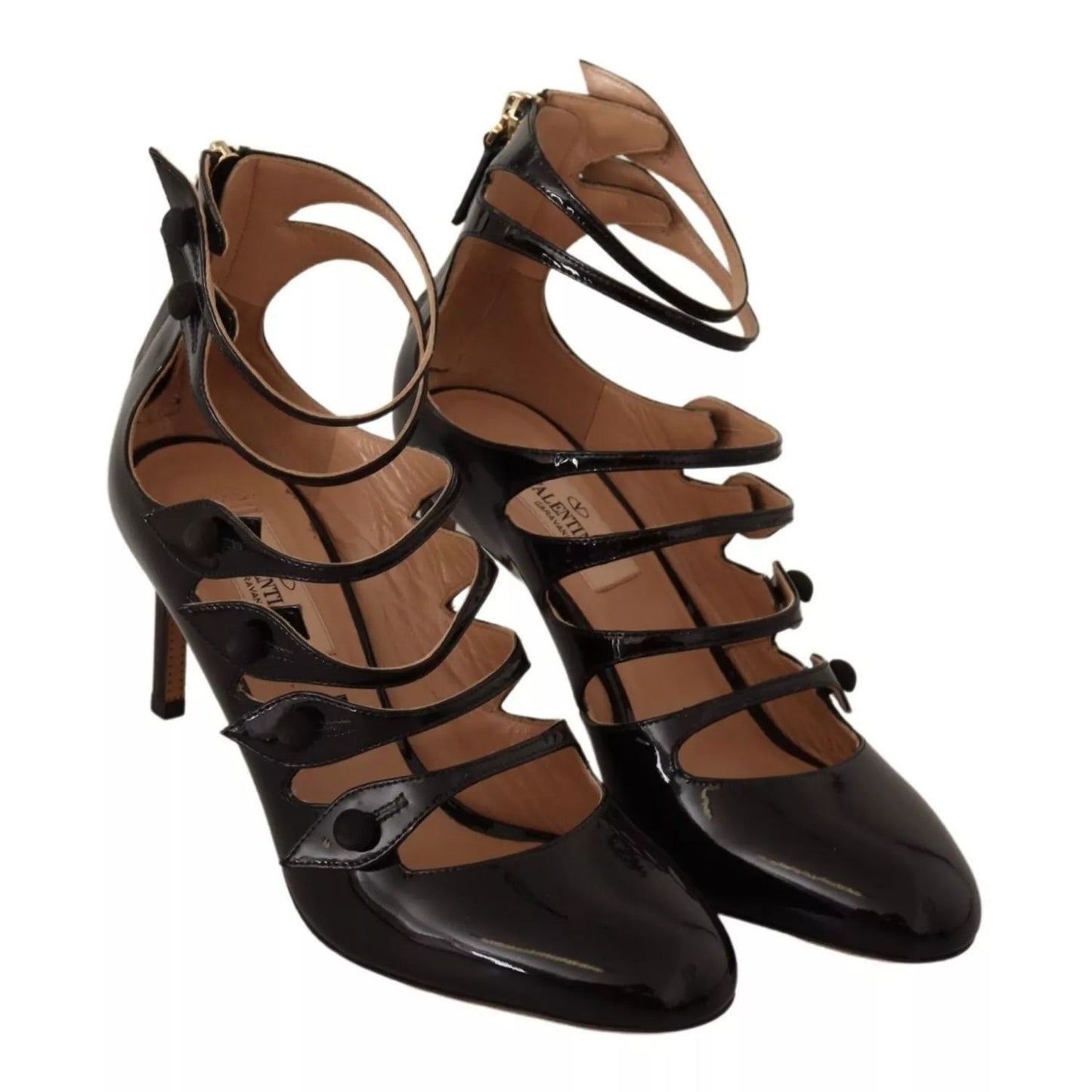 Valentino Black Multi Strap Leather Mid Heels Pumps Shoes