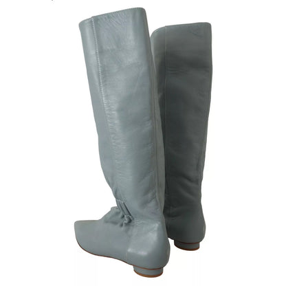 Valentino Blue Leather Elastic Flats Pull On Knee High Boots Shoes