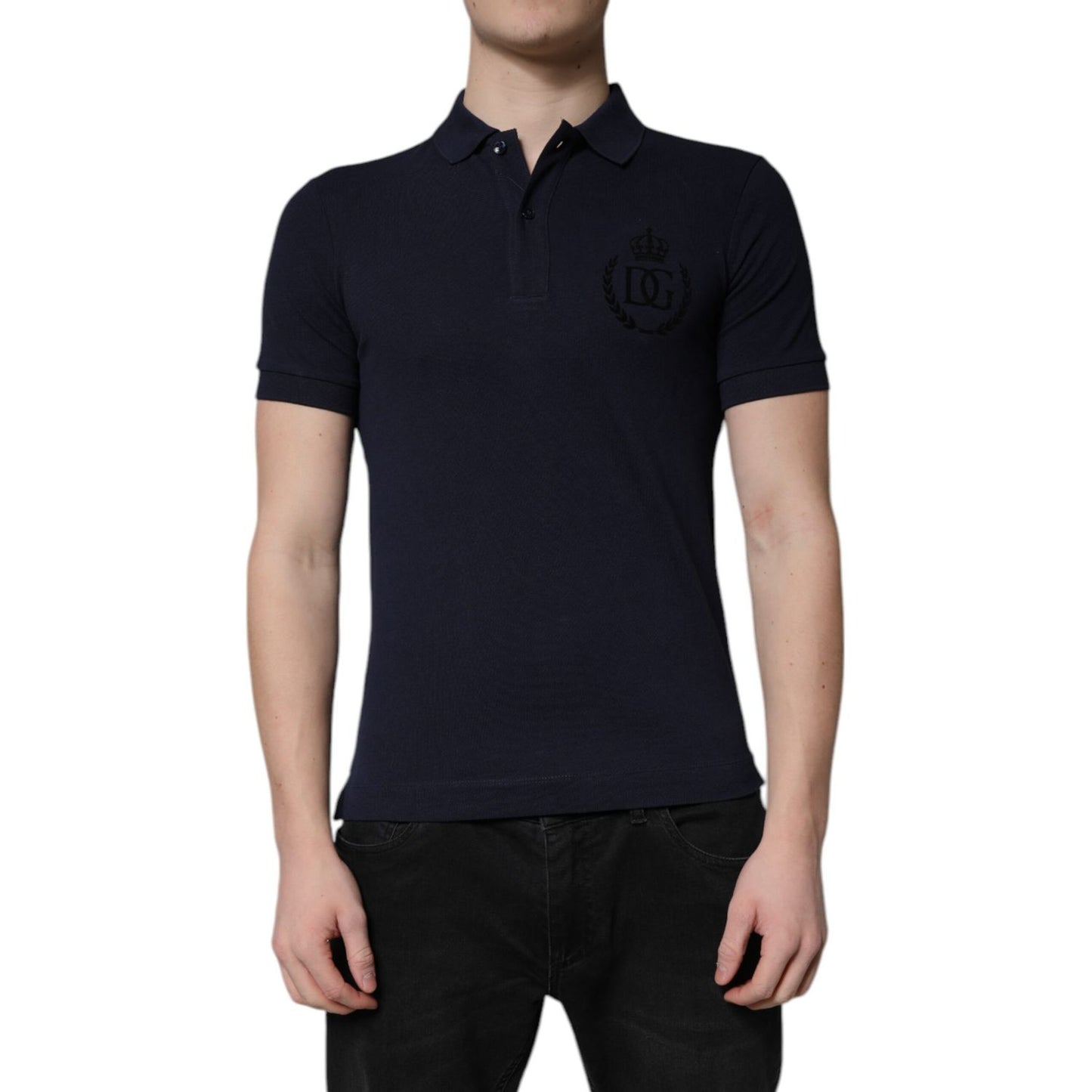 Dolce & Gabbana Dark Blue Cotton Crown Collared Polo T-shirt
