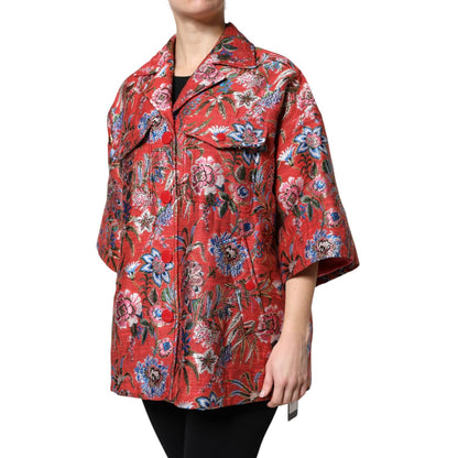 Dolce & Gabbana Red Floral Jacquard Button Down Coat Jacket