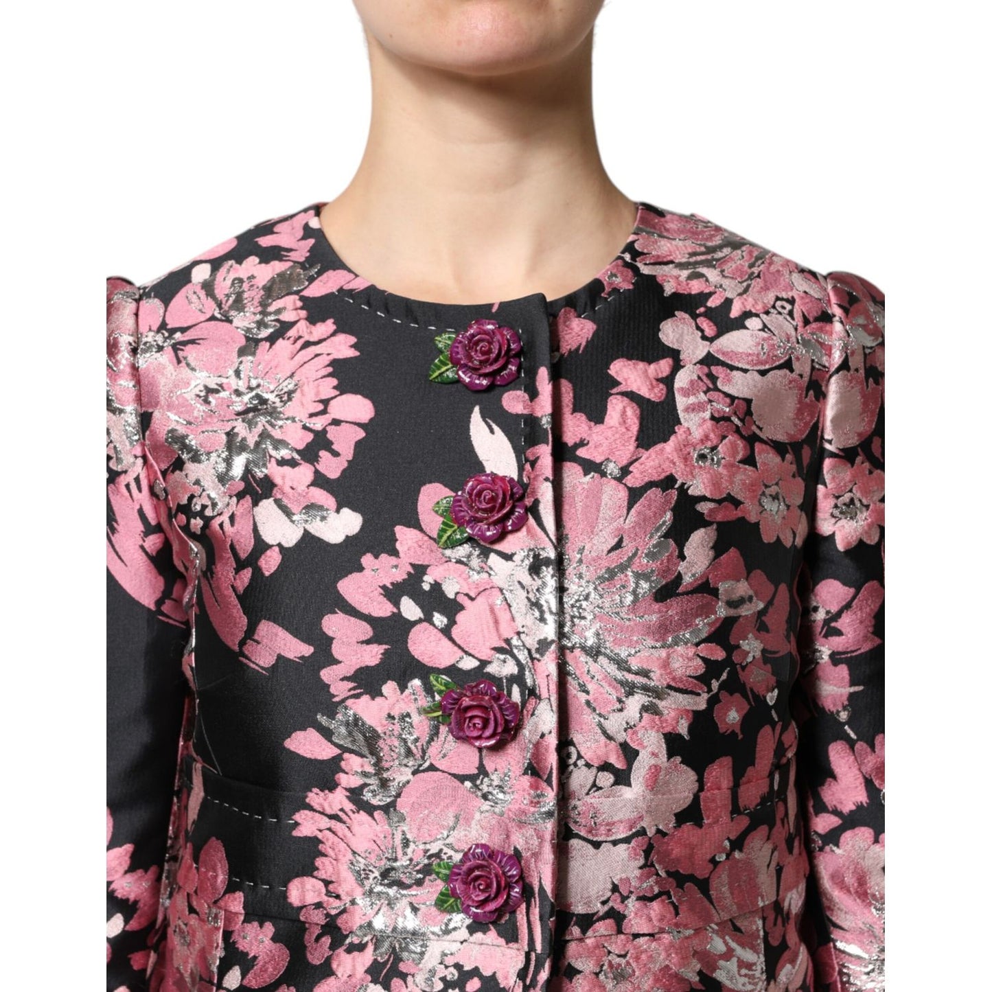 Dolce & Gabbana Pink Black Floral Brocade Trenchcoat Jacket