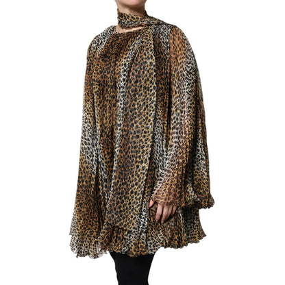 Dolce & Gabbana Brown Leopard Print Scarf Collared Chiffon Dress