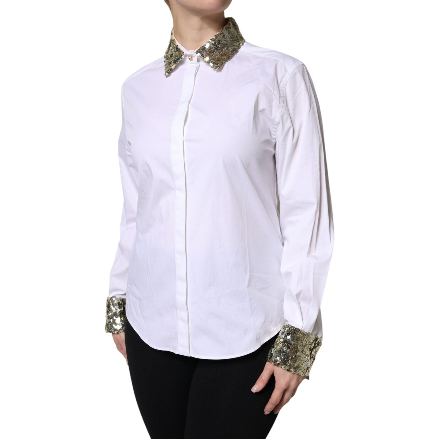 Dolce & Gabbana White Cotton Long Sleeves Sequin Shirt Top