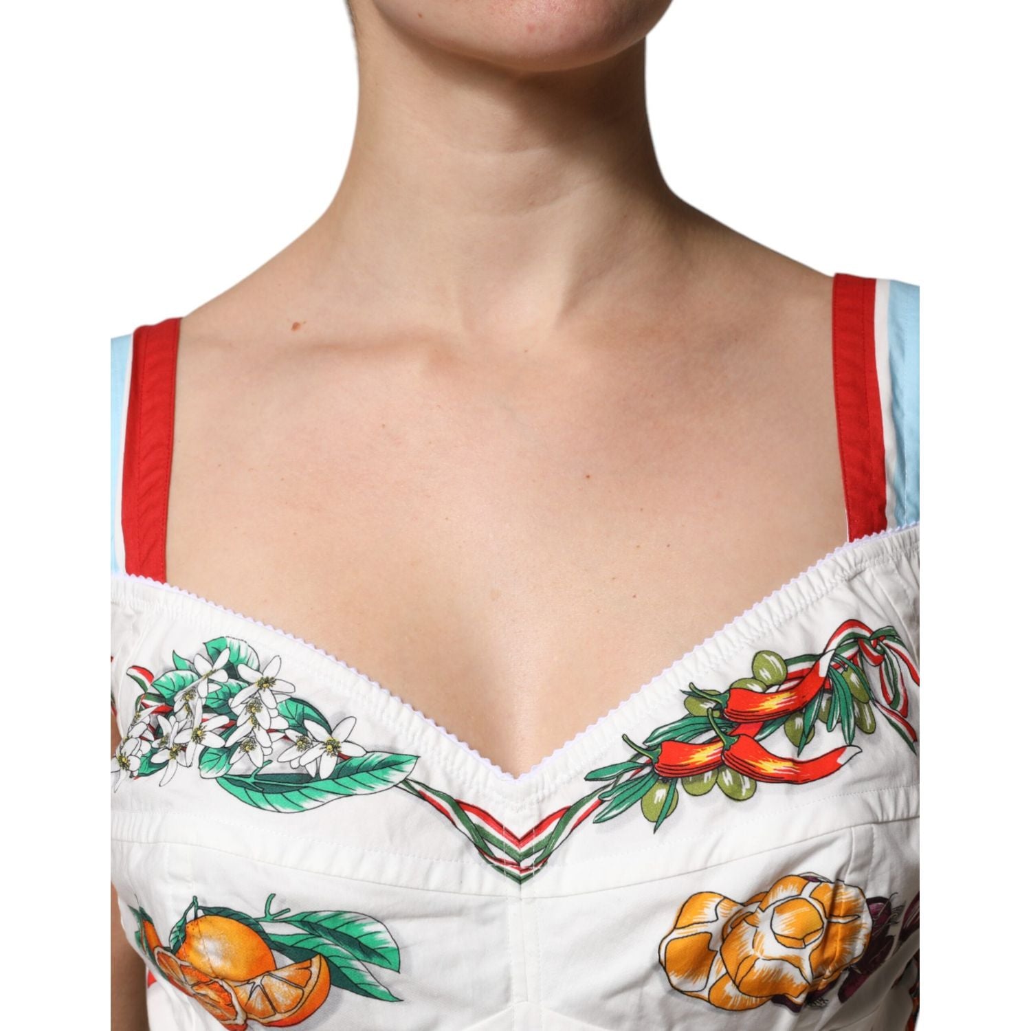 Dolce & Gabbana White Vegetable Print Sweetheart Cropped Top