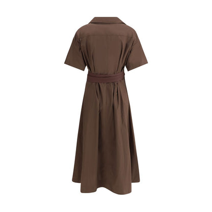 Brunello Cucinelli Brown Cotton Casual Dress with wide sleeves, classic collar, V-neck, and fabric belt, showcasing back view elegance.