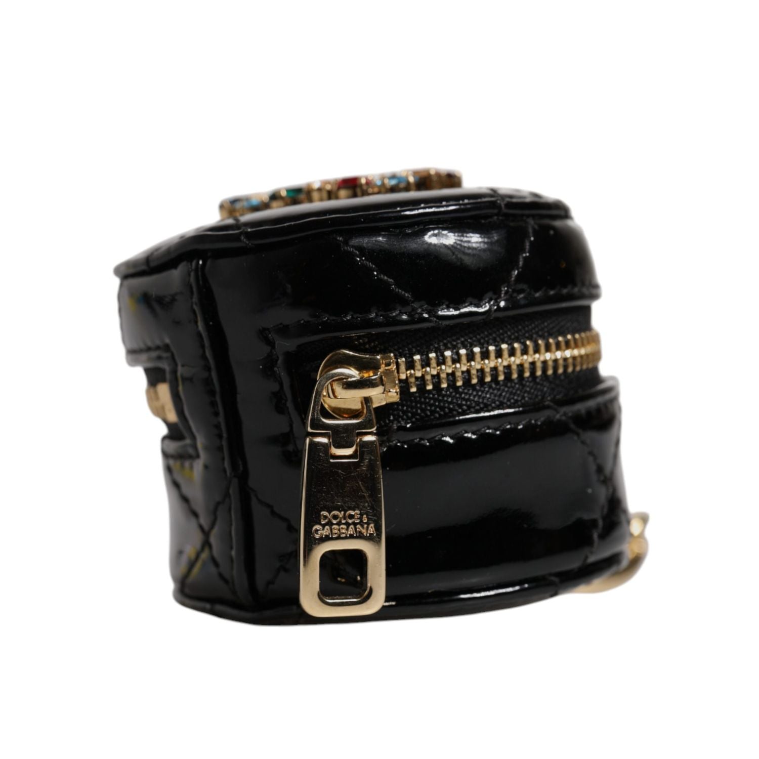 Dolce & Gabbana Black Lamb Leather DG Crystal Round Coin Purse Wallet