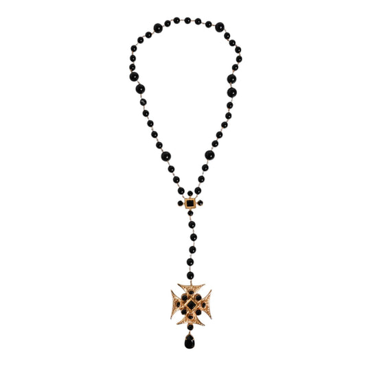 Dolce & Gabbana Gold Brass Black Beaded Chain Rosary Pendant Necklace