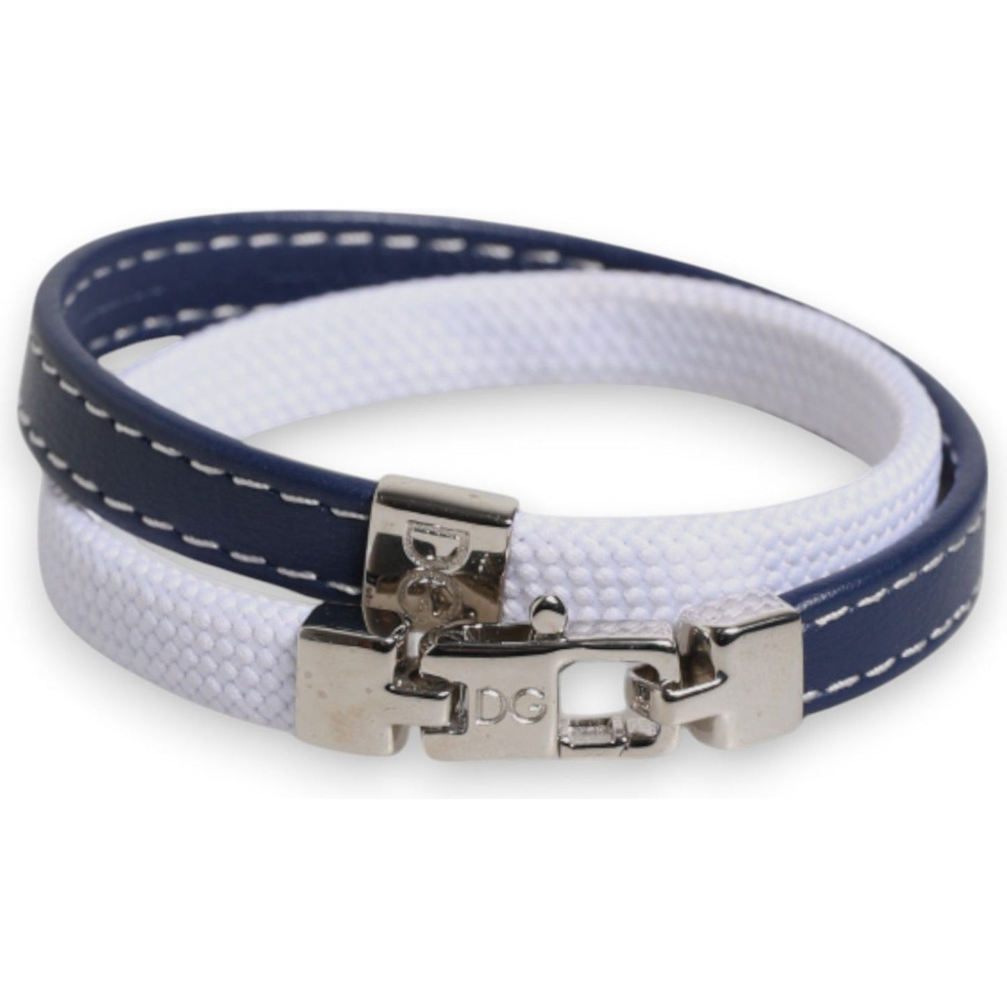 Dolce & Gabbana Blue White Leather Trimmed DG Engraved Silver Tone Clasp Bracelet
