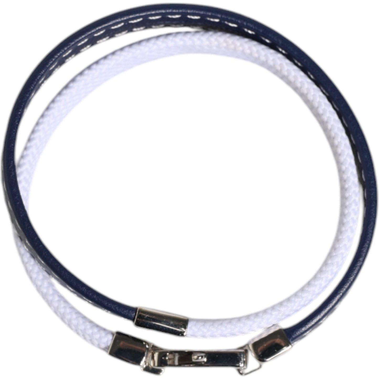 Dolce & Gabbana Blue White Leather Trimmed DG Engraved Silver Tone Clasp Bracelet