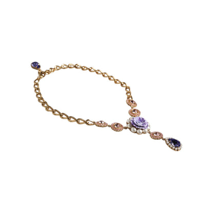 Dolce & Gabbana Gold Brass Floral Crystals Pearl Embellished Necklace
