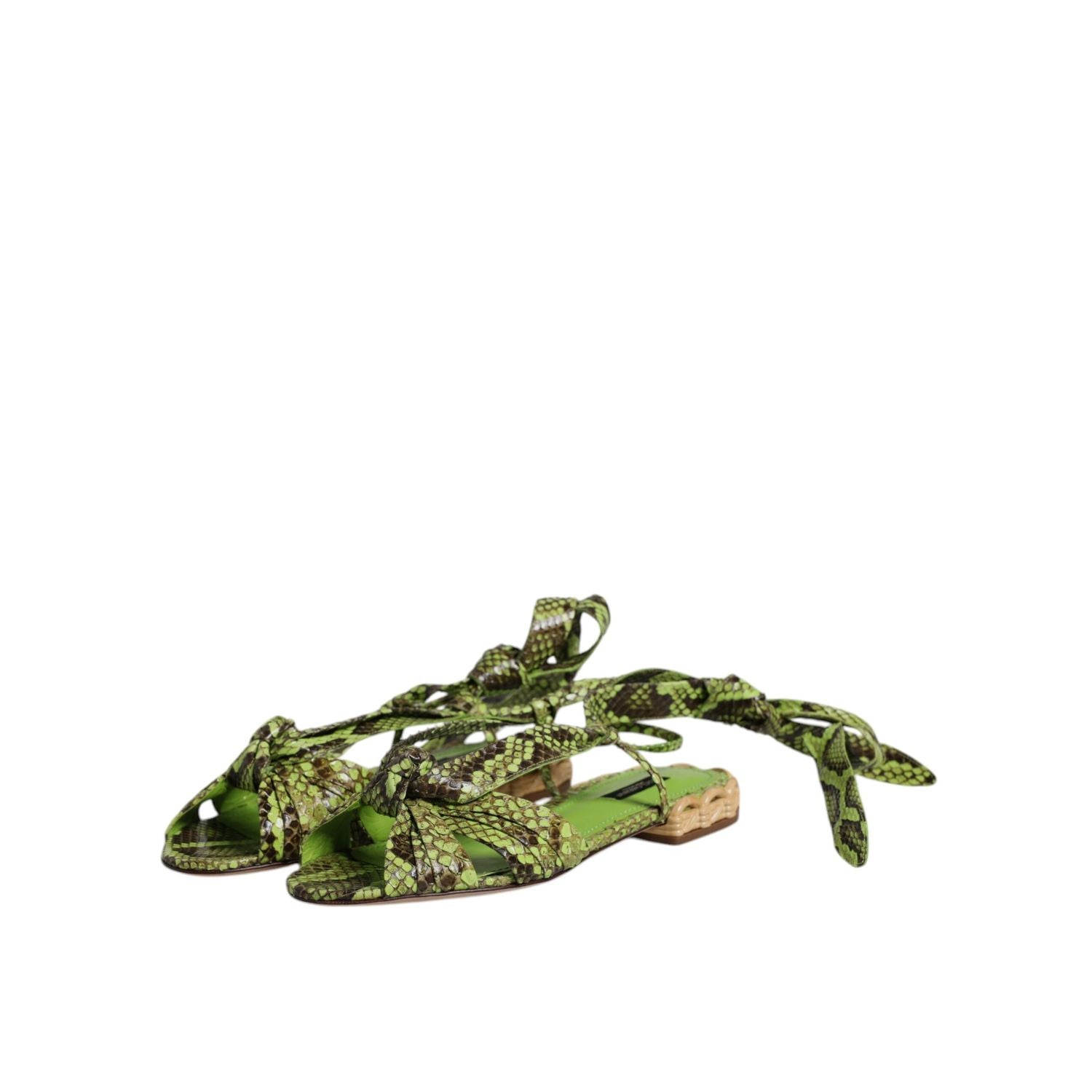 Dolce & Gabbana Green Animal Print Ankle Wrap Sandals Shoes
