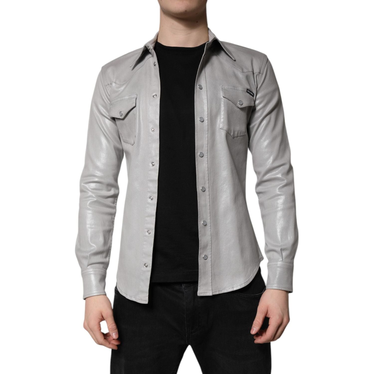 Dolce & Gabbana Metallic Gray Cotton Button Down Shirt