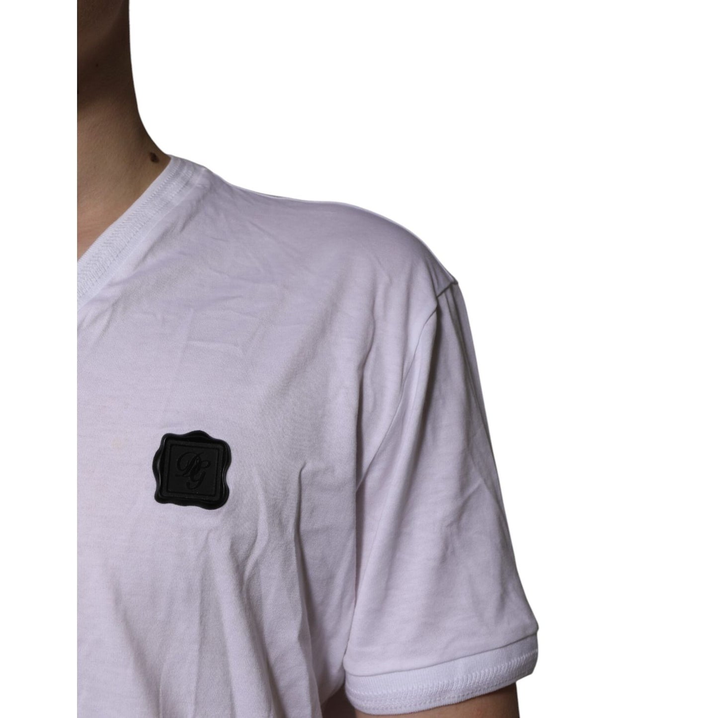 Dolce & Gabbana White Cotton Logo Patch V-neck Tee T-shirt