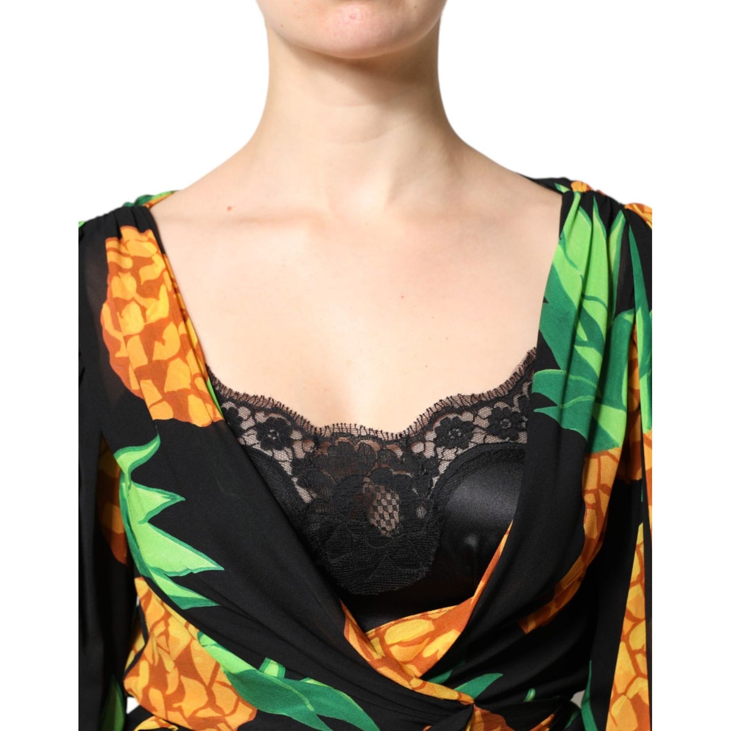 Dolce & Gabbana Black Silk Pineapple Draped Print Wrap Dress