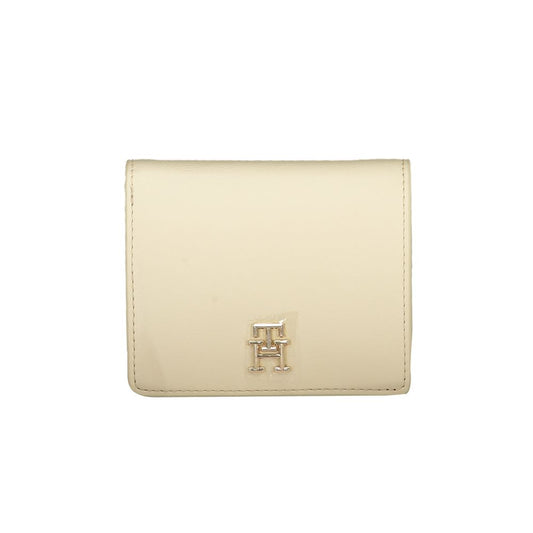Tommy Hilfiger beige polyethylene wallet with logo, snap closure, two external card pockets, coin purse, and card slots.
