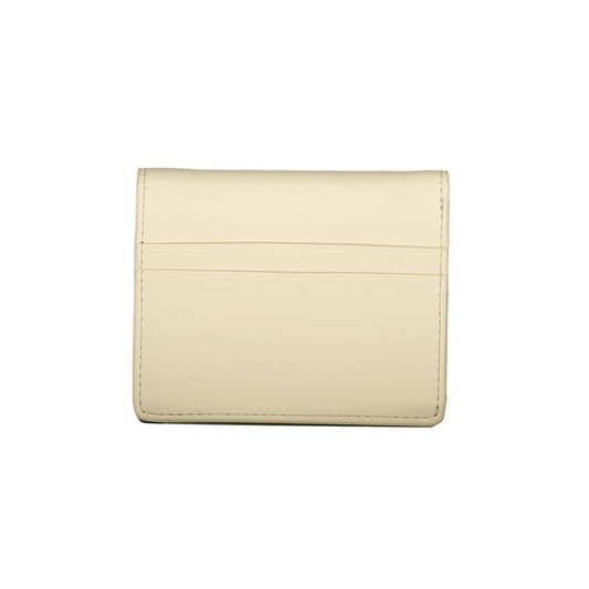 Tommy Hilfiger beige polyethylene wallet with external card pockets, coin purse, card spaces, snap closure, and logo.