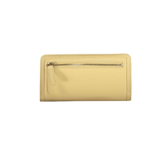 Tommy Hilfiger beige polyethylene wallet with four compartments, external pocket, card slots, and snap closure.