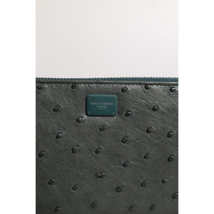 Dolce & Gabbana Green Ostrich Logo Plaque Zip Around Continental Wallet