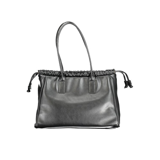 Valentino Bags black polyethylene handbag with shoulder handles, internal pocket, phone holder spaces, zip, and drawstring closure.