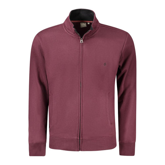 Coveri Moving red cotton men's sweater with long sleeves, dual pockets, chic embroidery, and prominent logo for style and comfort.
