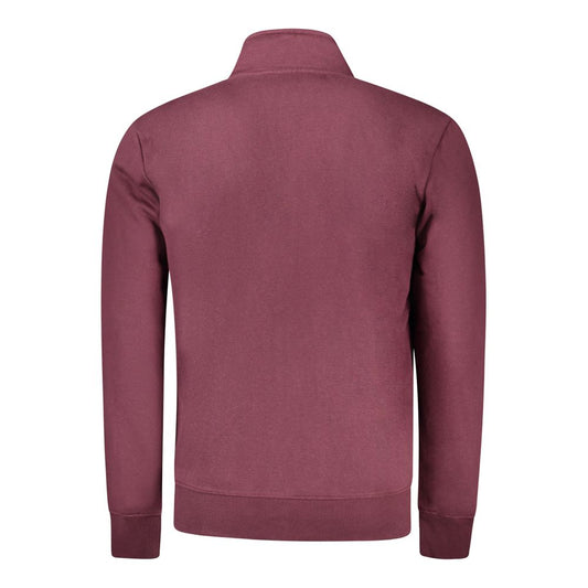 Back view of Coveri Moving red cotton men's sweater with long sleeves, dual pockets, and chic embroidery detailing.