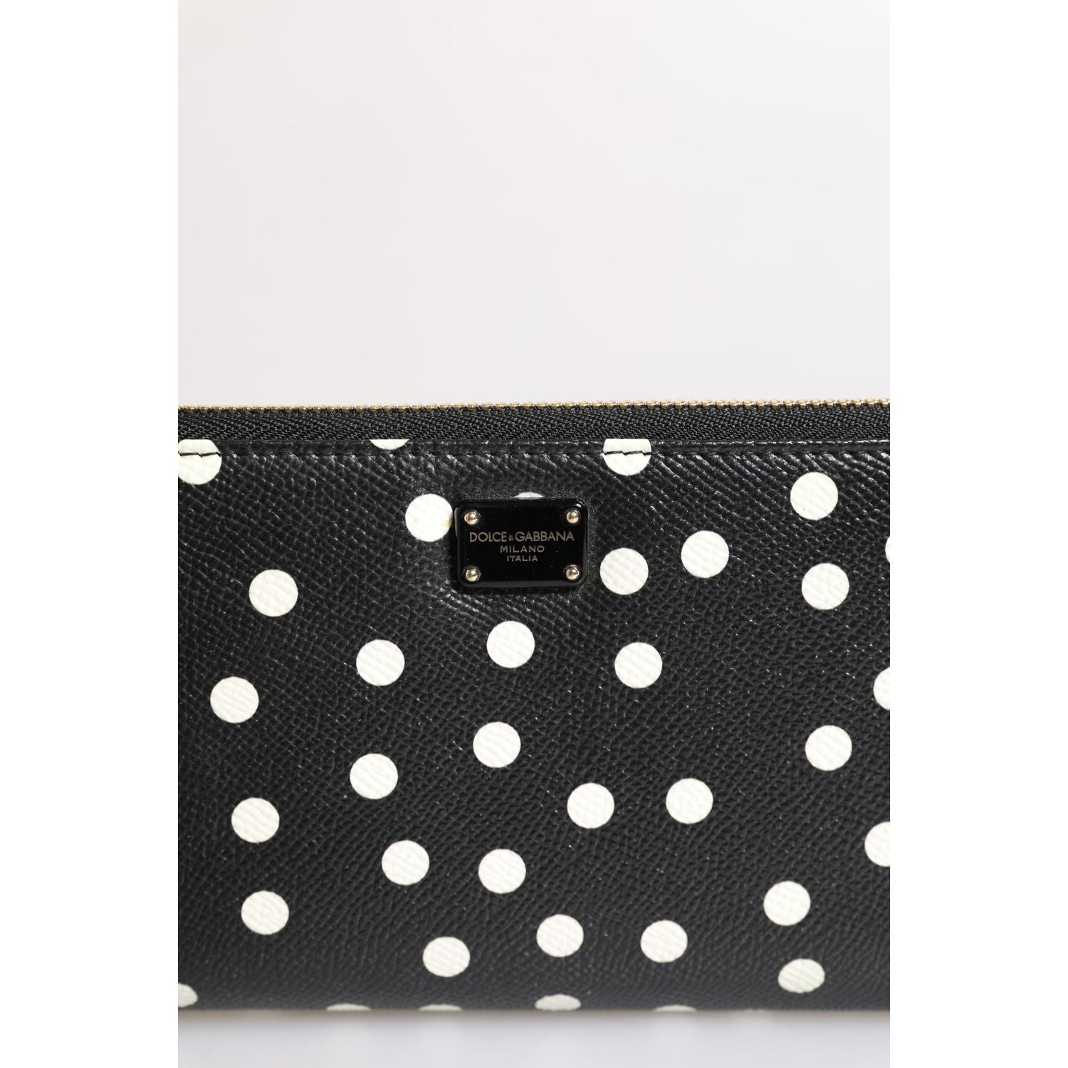 Dolce & Gabbana Black White Dotted Leather Zip Around Continental Wallet