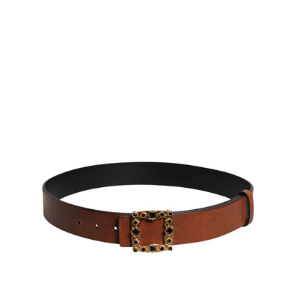 Dolce & Gabbana Brown Leather Gold Crystal Buckle Belt