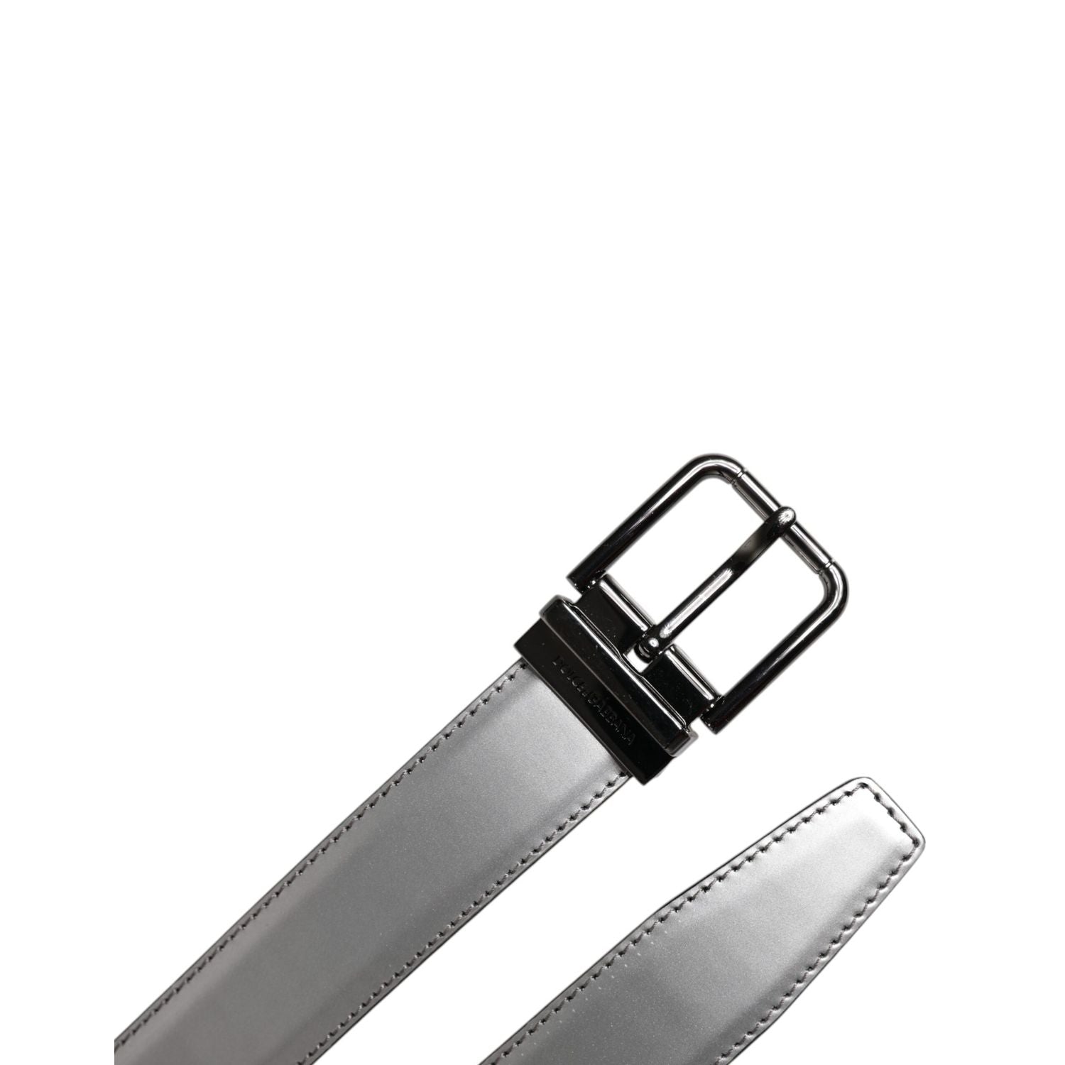 Dolce & Gabbana Silver Leather Classic Metal Logo Buckle Belt