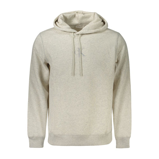 Calvin Klein gray cotton men's sweater with embroidered logo and hood, made of 61% cotton and 20% recycled fibers for eco-conscious style.
